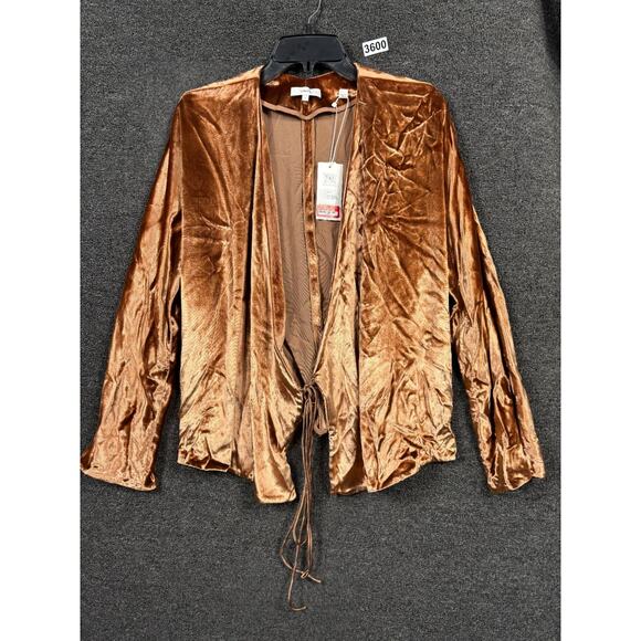 Vince Jacket Silk Blend Velvet Womens Size L Gold Open Front Tie Blazer NEW